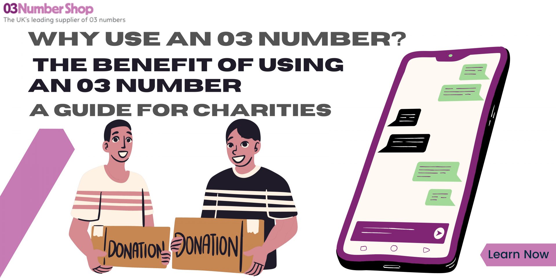 A graphic from 03NumberShop explaining to the public the benefits for a charity of using 03 numbers.
